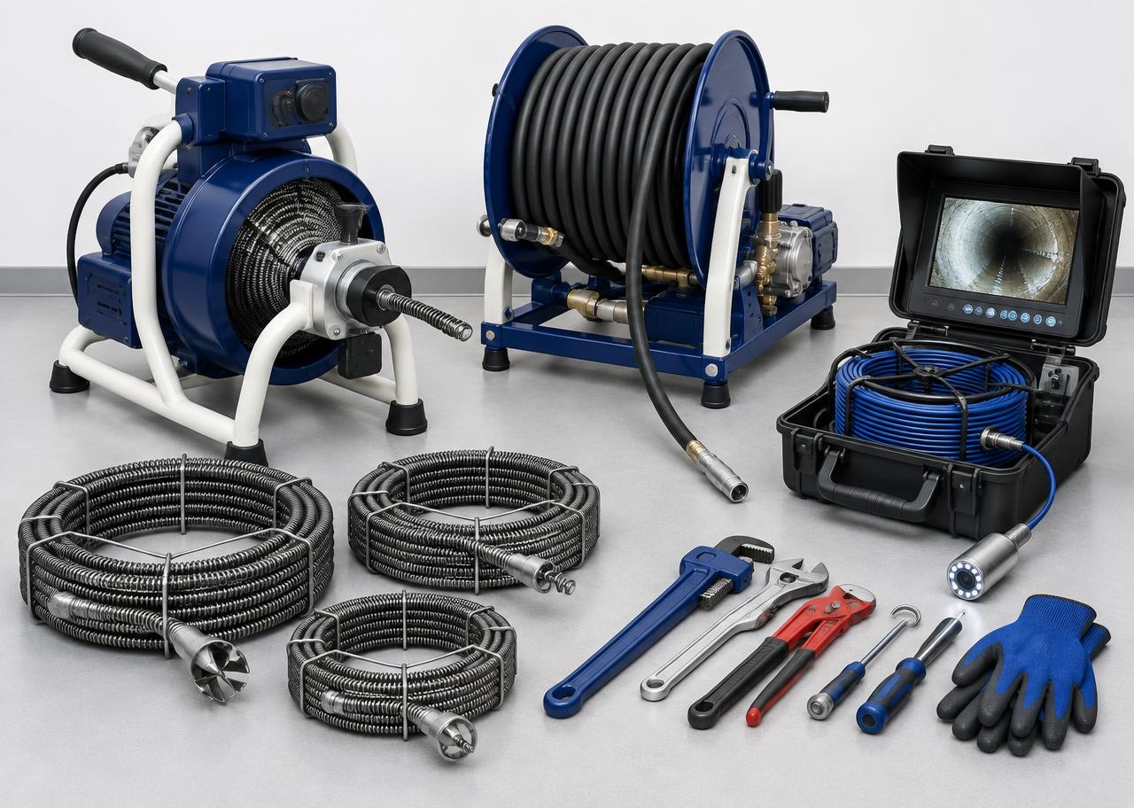 Equipamento profissional de desentupimento: máquina de cabos, cabos espirais, alta pressão e câmara de vídeo-inspeção