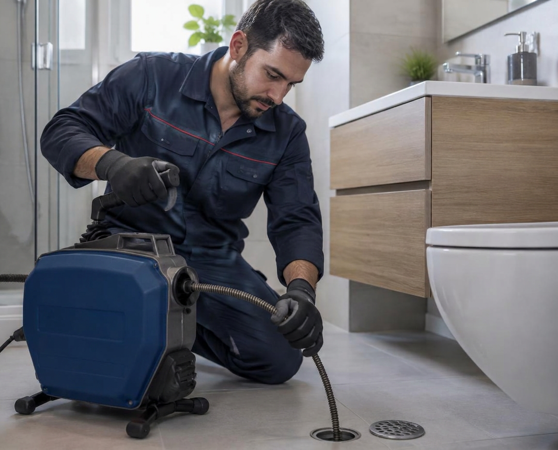 Técnico da Amorim Desentope a utilizar uma máquina de desentupimento profissional numa casa de banho